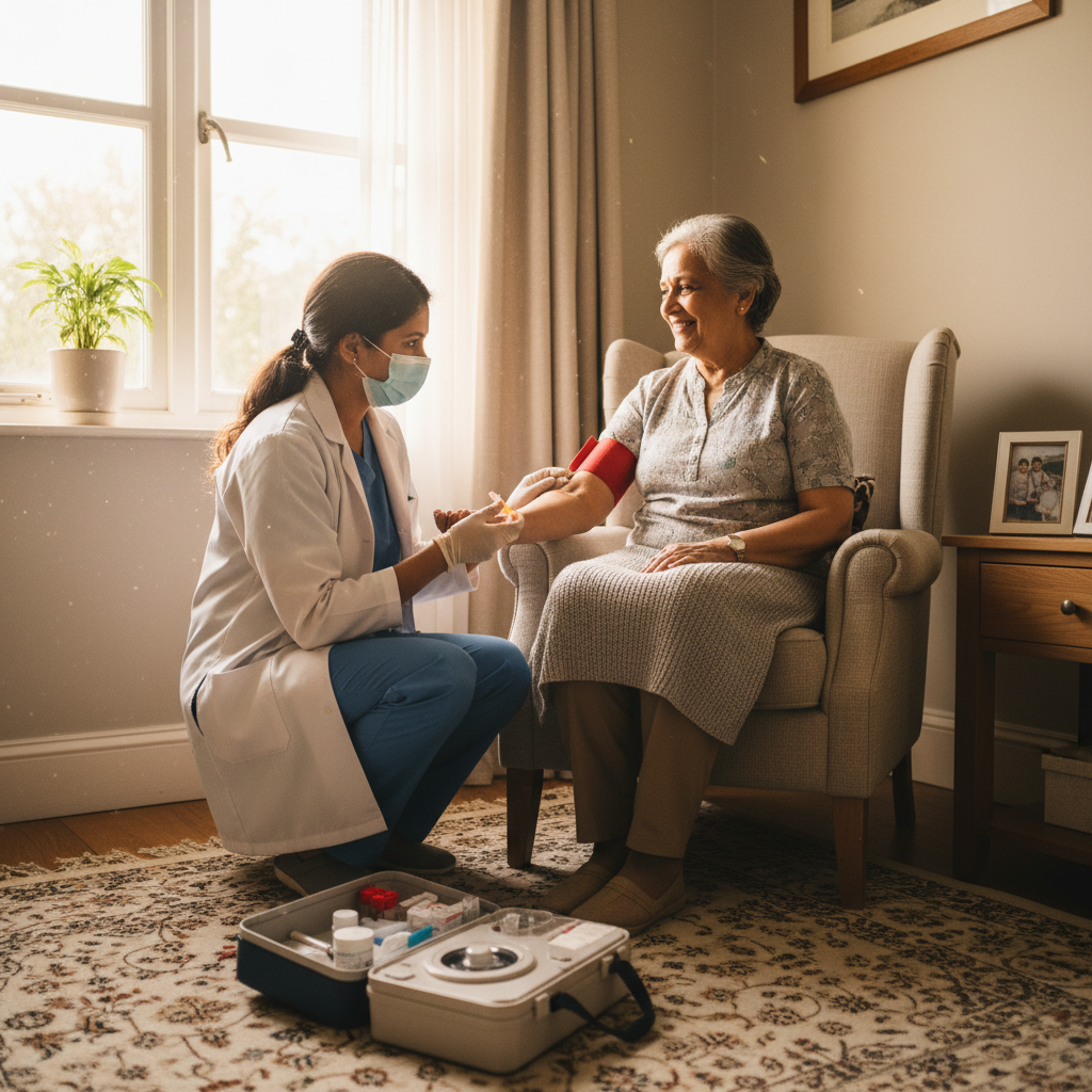 Indian healthcare professional collecting blood sample from elderly patient at home during home collection service