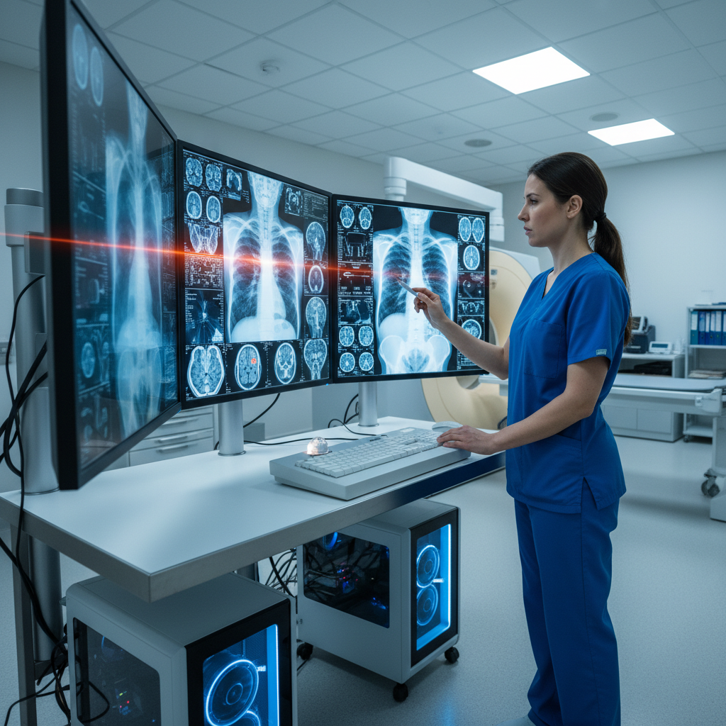 Radiologist examining digital X-ray images on a computer screen in a modern diagnostic imaging center