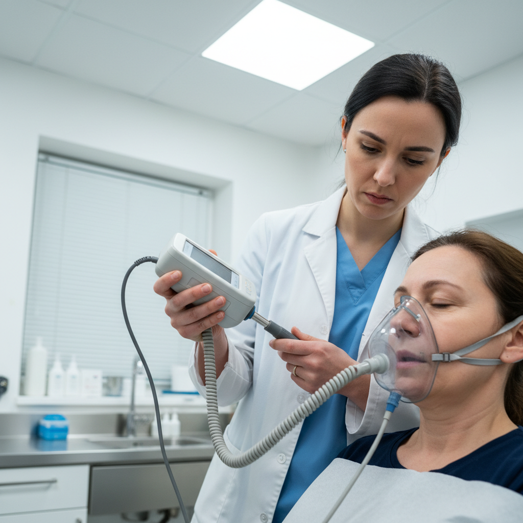 Patient undergoing pulmonary function test PFT spirometry with medical technician in a diagnostic center