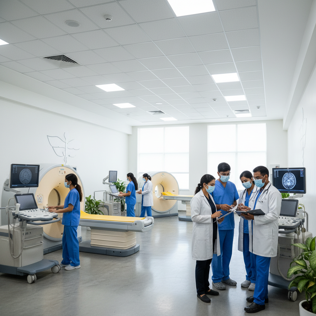 Indian doctors and medical professionals working together in a modern hospital diagnostic center at 51 Plus Lab Sector 51 Noida