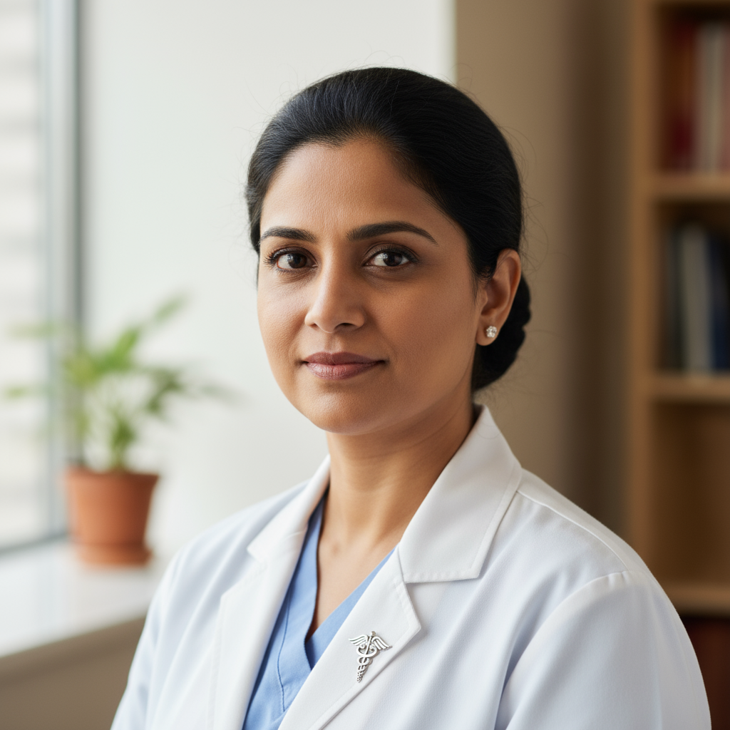 Indian female ophthalmologist doctor in white coat at eye clinic