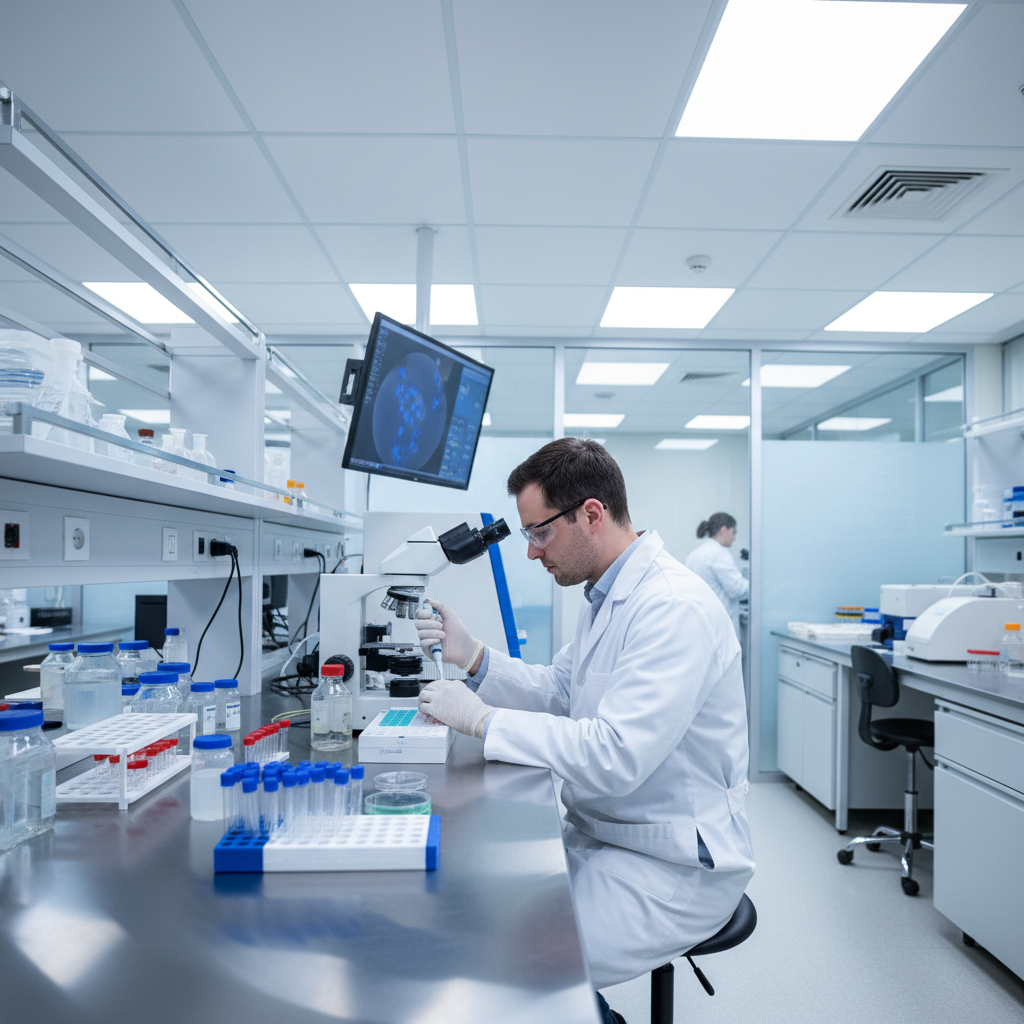 Indian laboratory technician analyzing blood samples in a modern pathology lab with advanced equipment