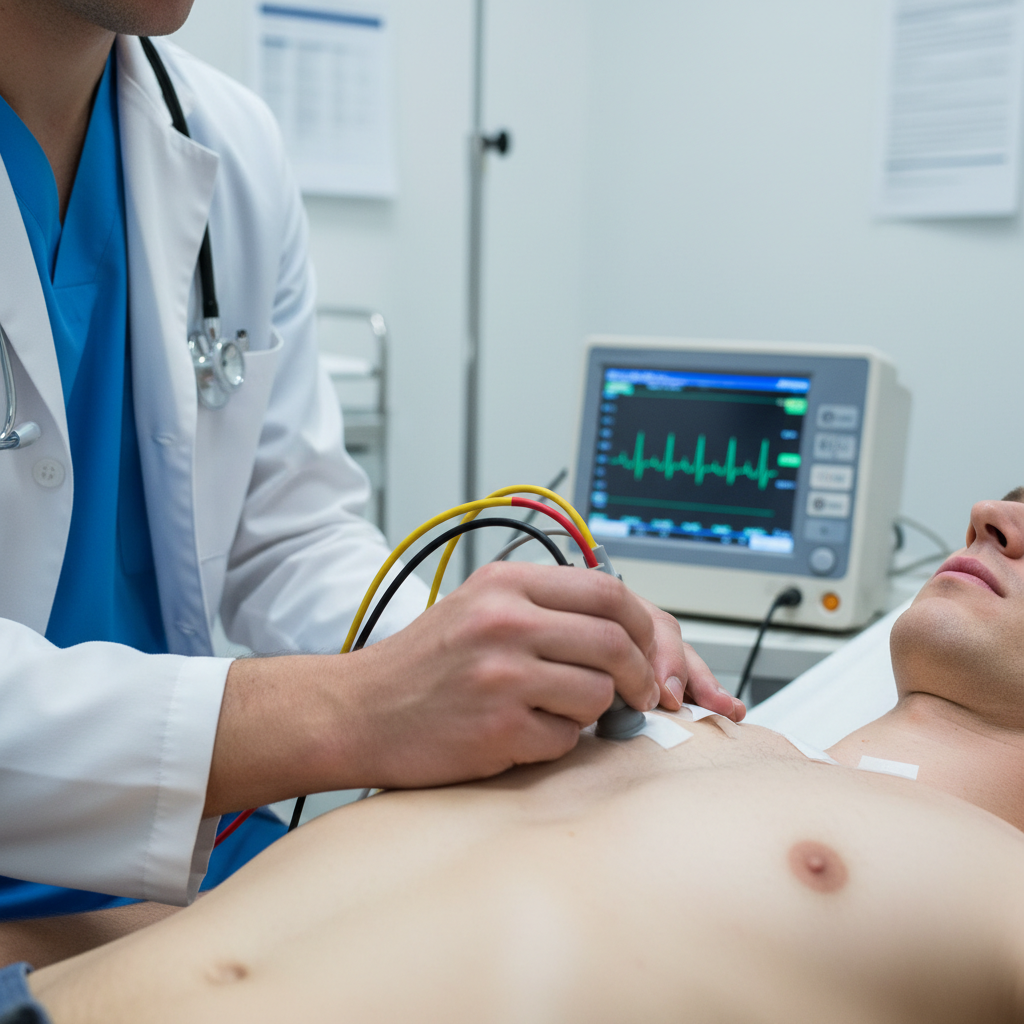 Doctor performing ECG electrocardiogram test on a patient in a modern cardiac diagnostic center in India