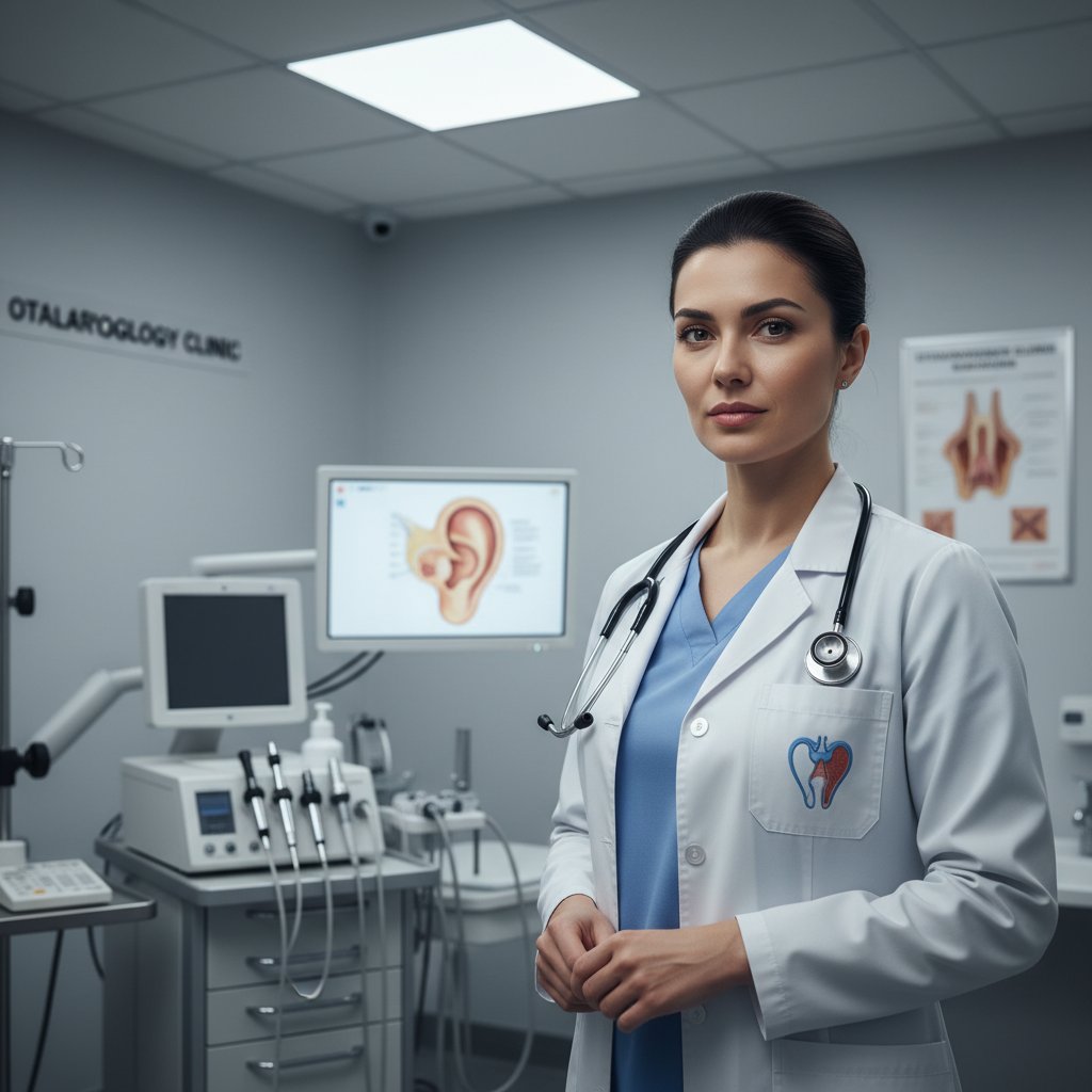 Indian male ENT specialist doctor in medical coat at clinic