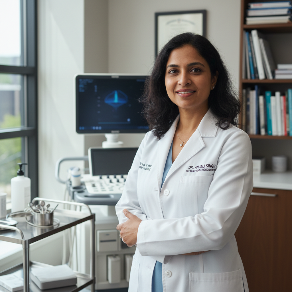 Indian female gynecologist doctor smiling in white coat at hospital