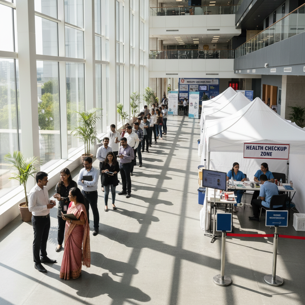 Corporate employees lined up for annual health checkup medical examination at office medical camp in India