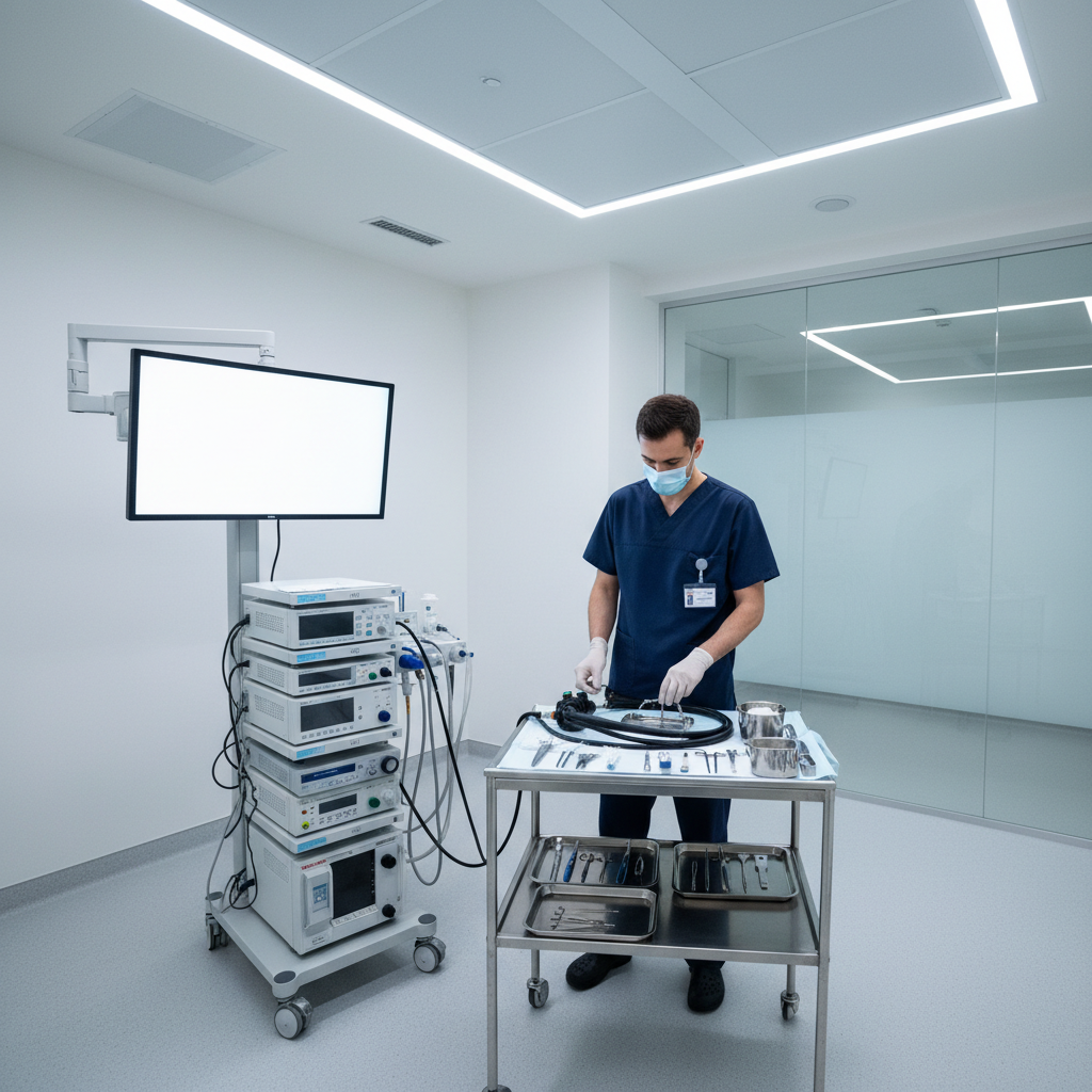 Medical professional preparing endoscopy equipment in a sterile procedure room at a diagnostic center