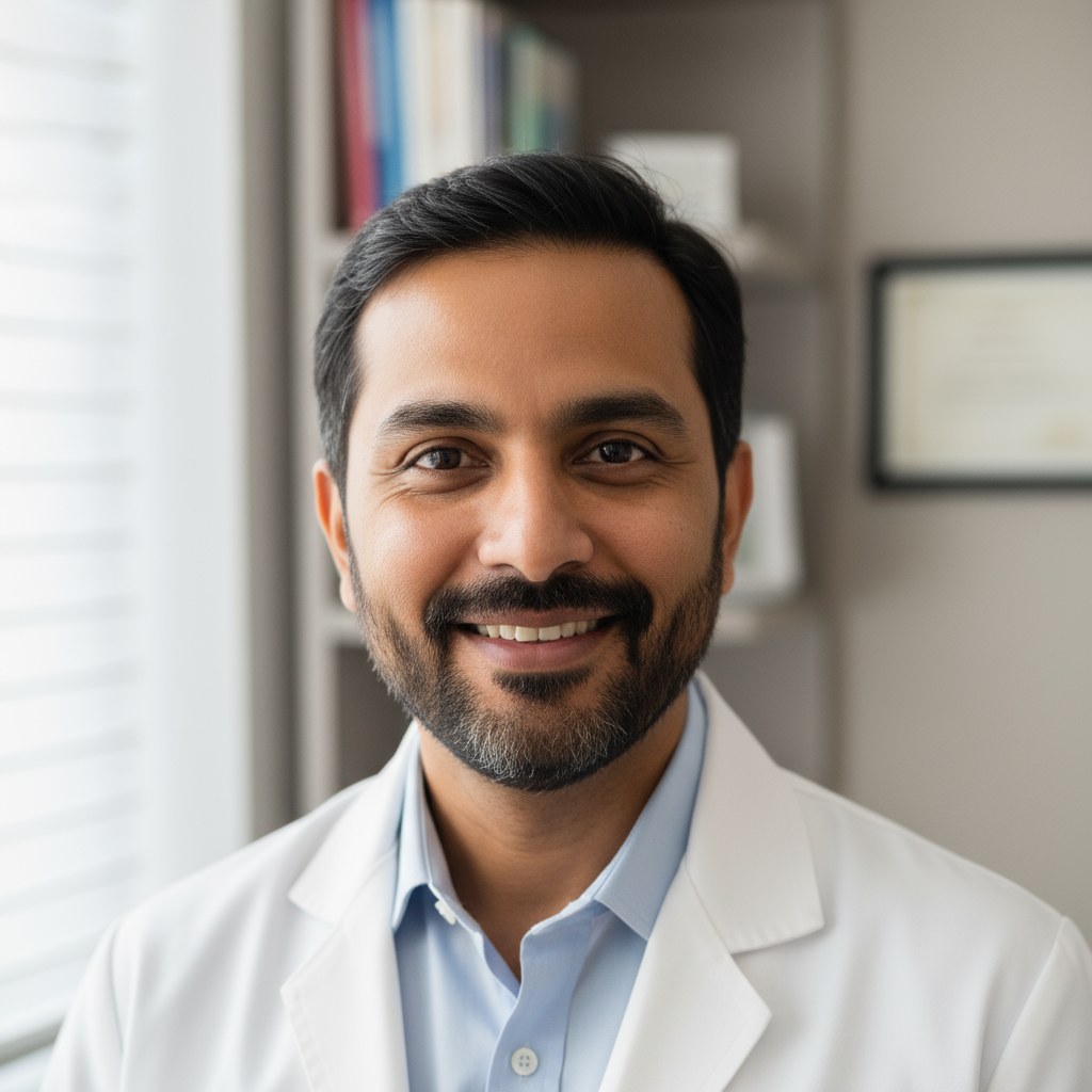 Indian male dermatologist doctor in white coat consulting patient at clinic