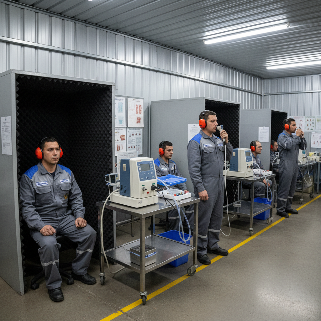 Industrial workers undergoing mandatory factory medical examination including audiometry and PFT tests