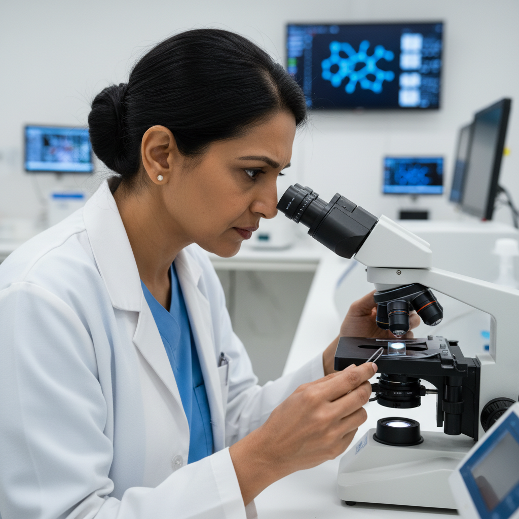 Modern pathology laboratory with advanced diagnostic equipment and Indian medical professionals