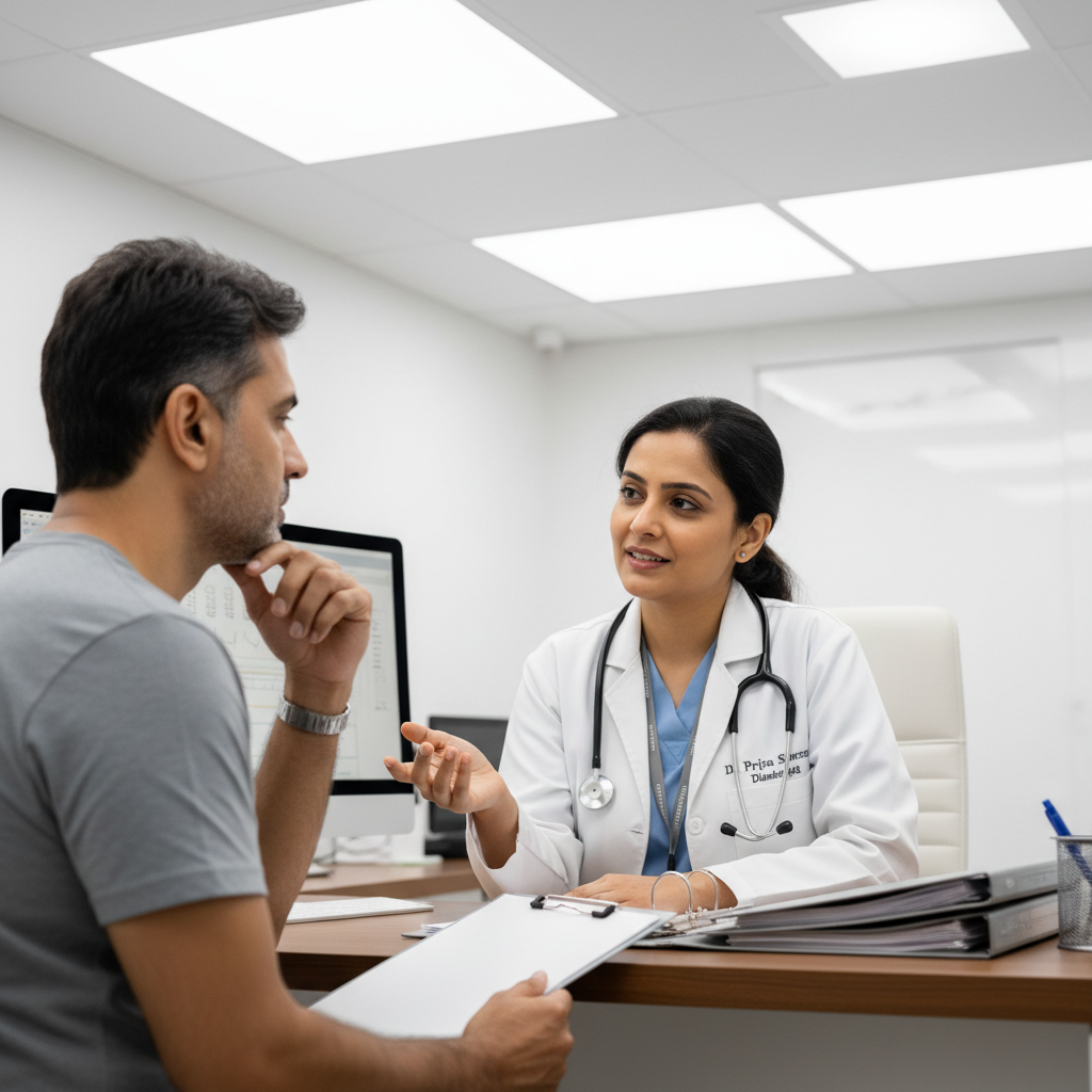 Indian specialist doctor consulting patient in a modern clinic with medical equipment in the background
