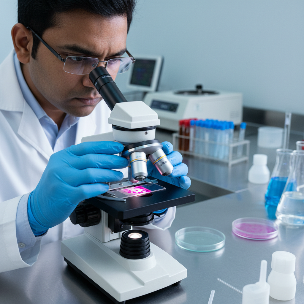 Indian pathologist examining blood samples under microscope in modern laboratory at 51 Plus Lab Sector 51 Noida