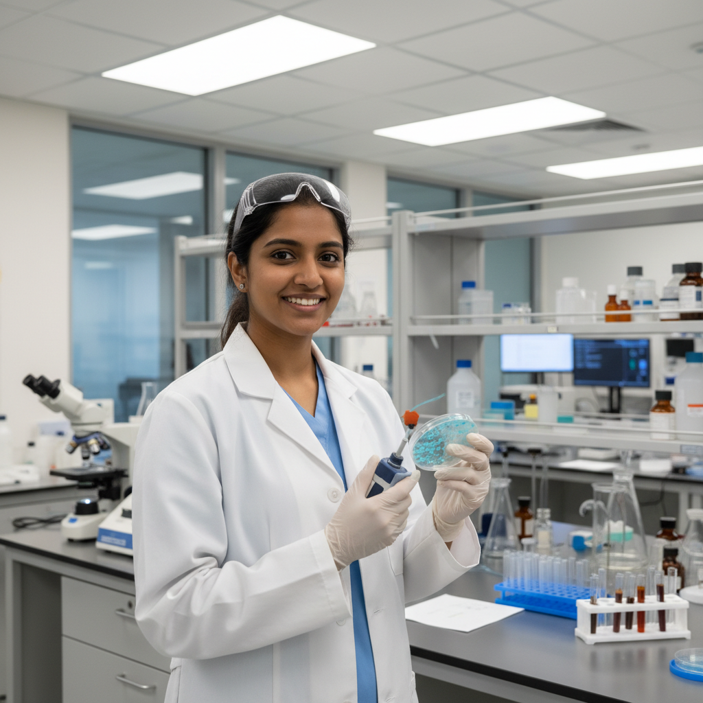 Indian female microbiologist in lab coat working in laboratory