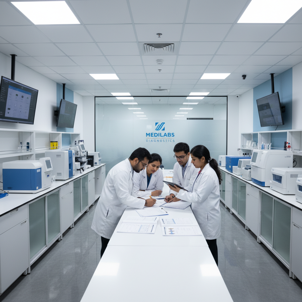 Indian medical laboratory team in white coats discussing patient reports in modern diagnostic center at 51 Plus Lab Sector 51 Noida
