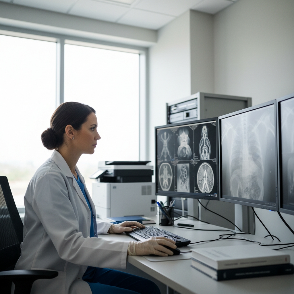 Indian male radiologist in white coat reviewing scan results