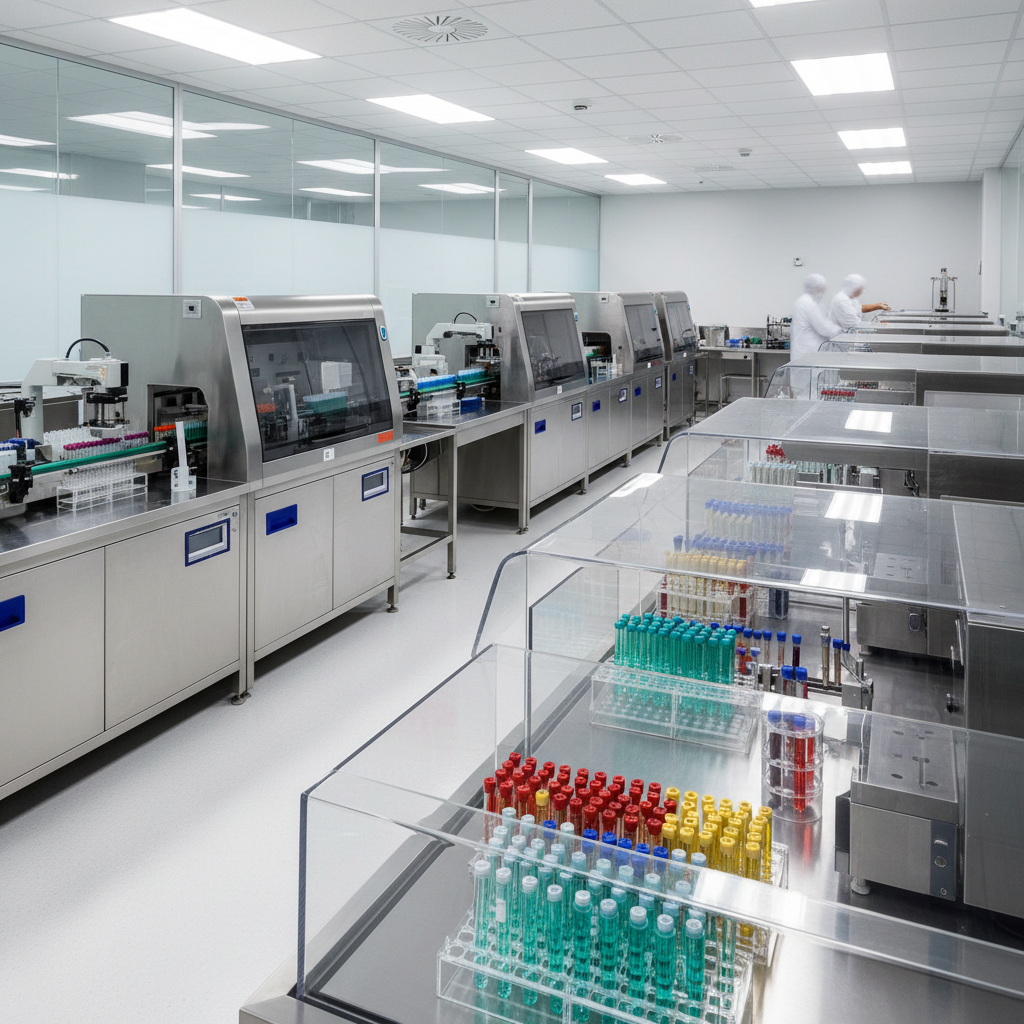 Biochemistry laboratory with automated analyzers and test tubes in Indian diagnostic center