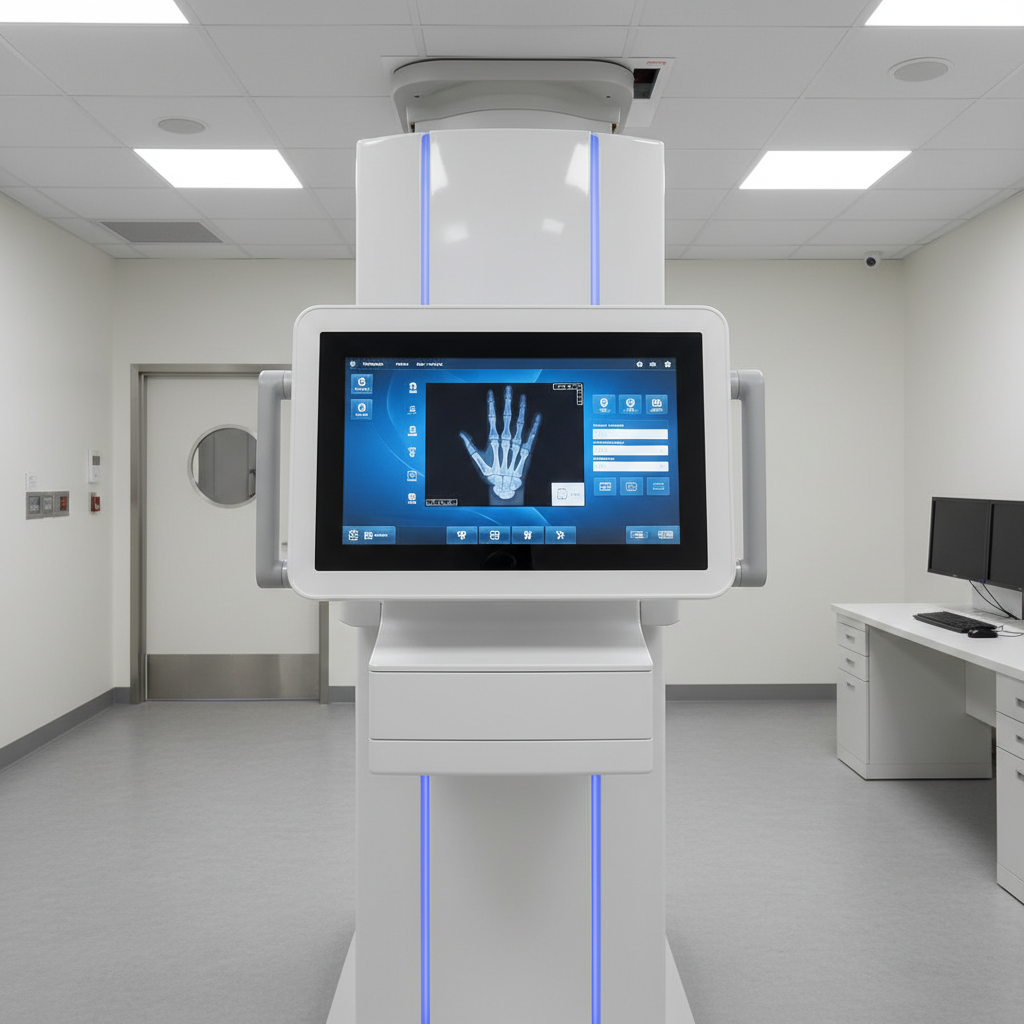 Modern digital radiology room with X-ray equipment and imaging workstation